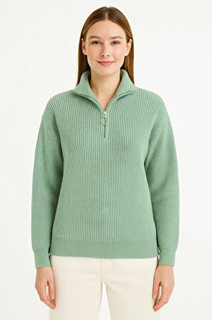 KADIN Yarım Fermuarlı Triko Kazak – Selanik Örgü, Dik Yaka, Pamuklu Dokuma, Oversize Uzun Kollu Kışlık Model - Mint Yeşili