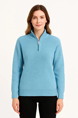 KADIN Yarım Fermuarlı Triko Kazak – Selanik Örgü, Dik Yaka, Pamuklu Dokuma, Oversize Uzun Kollu Kışlık Model - Bebe Mavisi