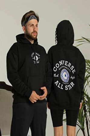 Unisex Oversize Üç İplik Şardonlu Kapüşonlu Sweatshirt – All Star Ön ve Arka Baskılı, Kanguru Cepli, Rahat Kalıp Kışlık Model - Siyah