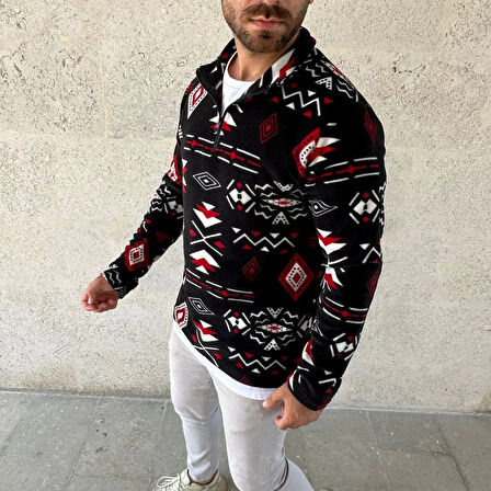 Erkek Yarım Fermuarlı Desenli Polar Sweat Tribal Etnik Desen Yakalı, Uzun Kollu, Oversize Rahat Kalıp, - Siyah