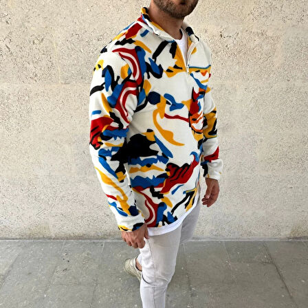 Erkek Yarım Fermuarlı Desenli Polar Sweat – Renkli Abstract Desen Yakalı, Uzun Kollu, Oversize Rahat Kalıp,  - Beyaz