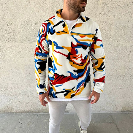 Erkek Yarım Fermuarlı Desenli Polar Sweat – Renkli Abstract Desen Yakalı, Uzun Kollu, Oversize Rahat Kalıp,  - Beyaz