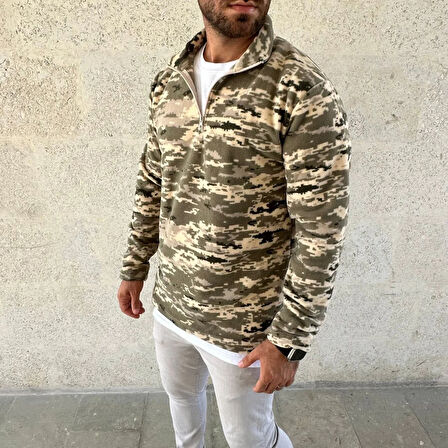 Erkek Yarım Fermuarlı Desenli Polar Sweat – Haki Kamuflaj Yakalı, Uzun Kollu, Oversize Rahat Kalıp - Haki