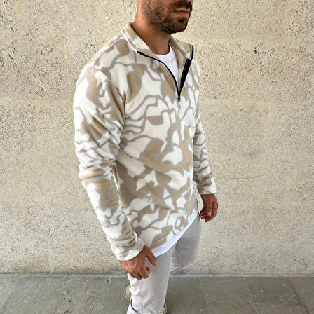 Erkek Yarım Fermuarlı Desenli Polar Sweat Yakalı, Uzun Kollu, Oversize Rahat Kalıp - Bej