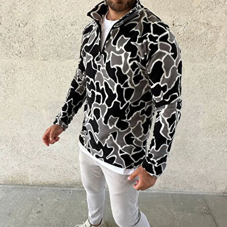 Erkek Yarım Fermuarlı Desenli Polar Sweat Yakalı, Uzun Kollu, Oversize Rahat Kalıp - Siyah
