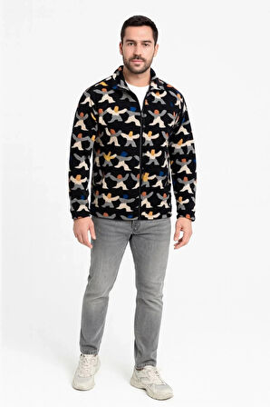 Erkek Tam Fermuarlı Desenli Polar Sweat – Siyah Multicolor Figür Desen Yakalı, Uzun Kollu, Oversize Rahat Kalıp- Siyah