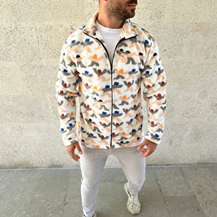 Erkek Tam Fermuarlı Desenli Polar Sweat – Siyah Multicolor Figür Desen Yakalı, Uzun Kollu, Oversize Rahat Kalıp- Beyaz