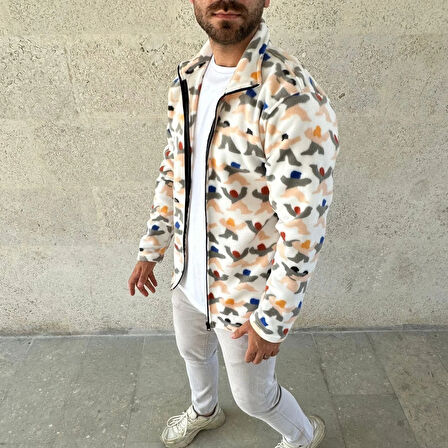 Erkek Tam Fermuarlı Desenli Polar Sweat – Siyah Multicolor Figür Desen Yakalı, Uzun Kollu, Oversize Rahat Kalıp- Beyaz