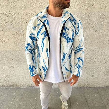 Erkek Tam Fermuarlı Desenli Polar Sweat  Lightning Desen Yakalı, Uzun Kollu, Oversize Rahat Kalıp - Beyaz