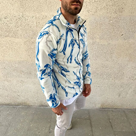 Erkek Tam Fermuarlı Desenli Polar Sweat  Lightning Desen Yakalı, Uzun Kollu, Oversize Rahat Kalıp - Beyaz