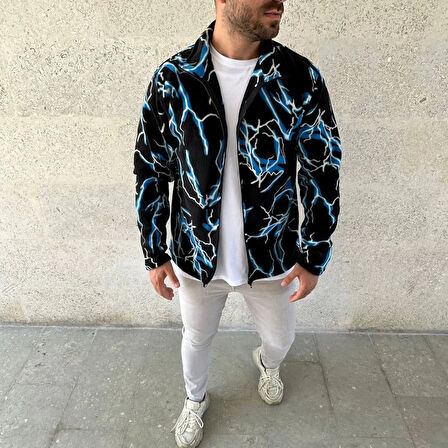 Erkek Tam Fermuarlı Desenli Polar Sweat Lightning Desen Yakalı, Uzun Kollu, Oversize Rahat Kalıp - Siyah