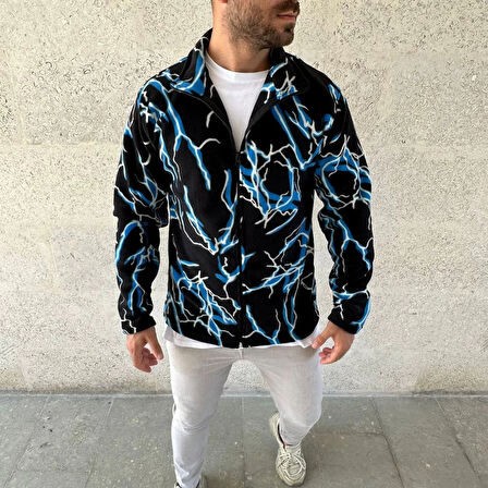 Erkek Tam Fermuarlı Desenli Polar Sweat Lightning Desen Yakalı, Uzun Kollu, Oversize Rahat Kalıp - Siyah