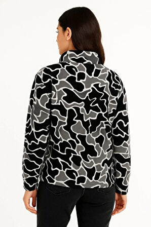 KADIN Yarım Fermuarlı Desenli Polar Sweat Yakalı, Uzun Kollu, Oversize Rahat Kalıp - Siyah