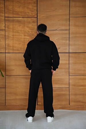 Erkek Kapüşonlu Eşofman Takım Örümcek Ağı ve Neon Yeşil Baskılı Kanguru cepli Oversize Rahat Kalıp, Premium Üç İplik Kumaş - Siyah