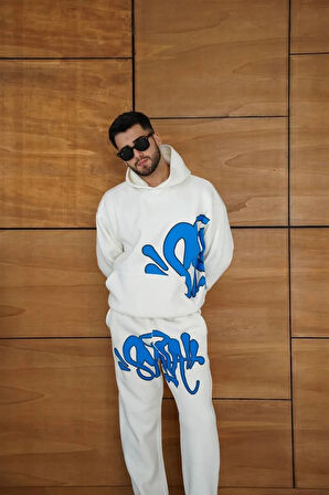 Erkek Kapüşonlu Eşofman Takım Graffiti Baskılı  Oversize Rahat Kalıp, Kanguru Cepli, Streetwear Tarzında Premium Ürün 3 iplik Pamuklu - Beyaz
