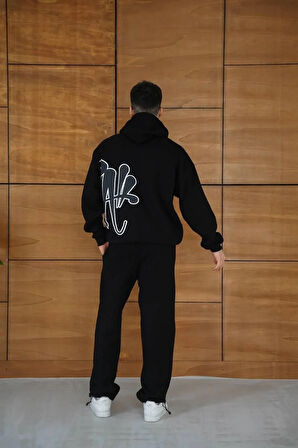 Erkek Kapüşonlu Eşofman Takım Graffiti Baskılı Oversize Rahat Kalıp, Kanguru Cepli, Streetwear Tarzında Premium Ürün 3 iplik Pamuklu - Siyah