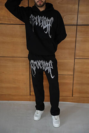 Erkek Premium Taş Baskılı Eşofman Takım Revenge Model (Siyah) Kapüşonlu Üst + Taşlı Baskılı Alt Modern Streetwear Tarzı Oversize Rahat Kalıp 3 iplik Pamuklu - Siyah