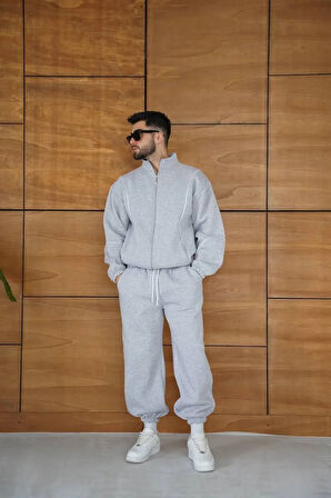 Erkek Premium Parçalı Eşofman Takım - Dik Yaka Fermuarlı Biyeli Sweatshirt Lastik Paça Alt, Oversize 3 iplik Şardonlu - Gri
