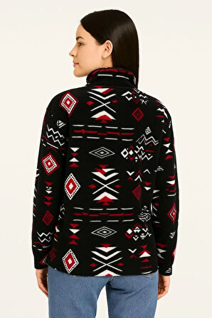 Kadın Yarım Fermuarlı Desenli Polar Sweat Tribal Etnik Desen Yakalı, Uzun Kollu, Oversize Rahat Kalıp - Siyah