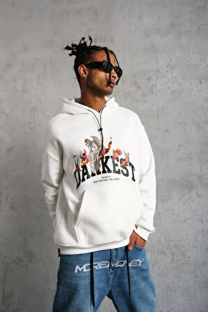 Erkek Oversize Kapüşonlu Sweatshirt – Beyaz Renk Üç İplik İçi Pamuklu Kanguru Cepli Baskılı Hoodie Rahat Kalıp Kışlık Günlük Kombinlere Uygun - Beyaz