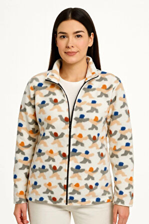 Kadın Tam Fermuarlı Desenli Polar Sweat – Siyah Multicolor Figür Desen Yakalı, Uzun Kollu, Oversize Rahat Kalıp - Beyaz