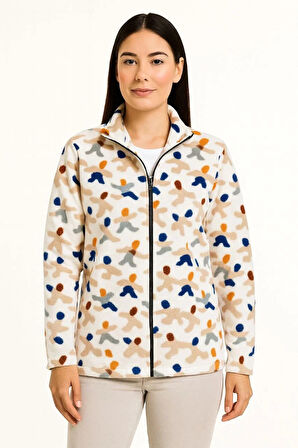 Kadın Tam Fermuarlı Desenli Polar Sweat – Siyah Multicolor Figür Desen Yakalı, Uzun Kollu, Oversize Rahat Kalıp - Beyaz