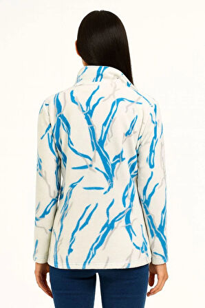 Kadın Tam Fermuarlı Desenli Polar Sweat Lightning Desen Yakalı, Uzun Kollu, Oversize Rahat Kalıp - Beyaz