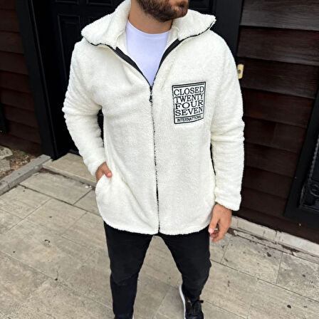 Erkek Polar Fermuarlı Sweatshirt – Kapüşonsuz, Cepli, Yumuşak Dokulu, Oversize Rahat Kalıp, Kışlık Sıcak Tutan Fermuarlı Üst - Beyaz