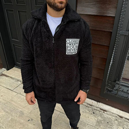 Erkek Polar Fermuarlı Sweatshirt – Kapüşonsuz, Cepli, Yumuşak Dokulu, Oversize Rahat Kalıp, Kışlık Sıcak Tutan Fermuarlı Üst - Siyah