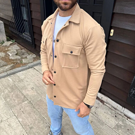 Erkek Diagonal Kumaş Cepli Çıtçıtlı uzun Kollu, Gömlek Oversize Rahat Kalıp Günlük Şık Stil - Bej