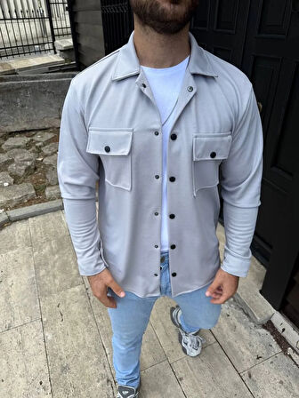 Erkek Diagonal Kumaş Cepli Çıtçıtlı uzun Kollu, Gömlek Oversize Rahat Kalıp Günlük Şık Stil - Gri