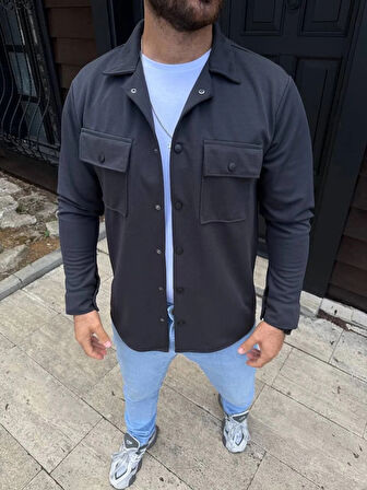 Erkek Diagonal Kumaş Cepli Çıtçıtlı uzun Kollu, Gömlek Oversize Rahat Kalıp Günlük Şık Stil - Füme