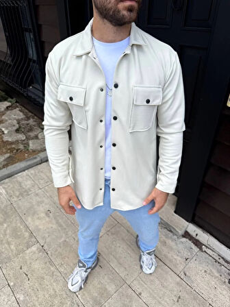 Erkek Diagonal Kumaş Cepli Çıtçıtlı uzun Kollu, Gömlek Oversize Rahat Kalıp Günlük Şık Stil - Beyaz