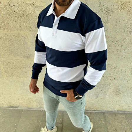 Erkek Polo Yaka Uzun Kollu Çizgili Sweatshirt Trend Rugby Stil - Lacivert