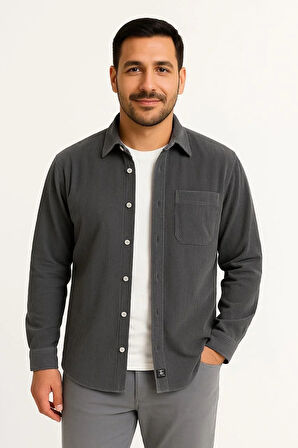 Erkek Fitilli Kadife Cepli Gömlek Oversize Rahat Kalıp - Füme