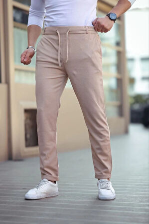 Erkek Diagonel Mikro dokulu Cepli Beli Lastilki Pantolon - Kahverengi