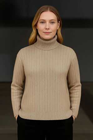 Kadın Balıkcı Yaka Bağazlı Triko Kazak Pamuklu Kalın Fitilli Dokuma - Bej