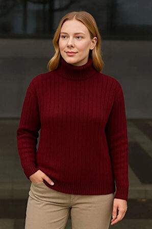 Kadın Balıkcı Yaka Bağazlı Triko Kazak Pamuklu Kalın Fitilli Dokuma - Bordo