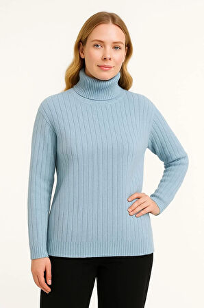 Kadın Balıkcı Yaka Bağazlı Triko Kazak Pamuklu Kalın Fitilli Dokuma - Bebek Mavisi