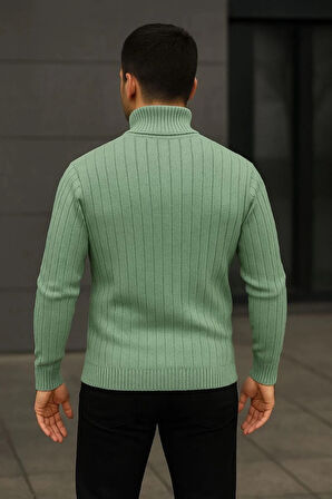 Erkek Balıkcı Yaka Bağazlı Triko Kazak Pamuklu Kalın Fitilli Dokuma, Regular Fit Uzun Kollu Kışlık Model - Mint Yeşili