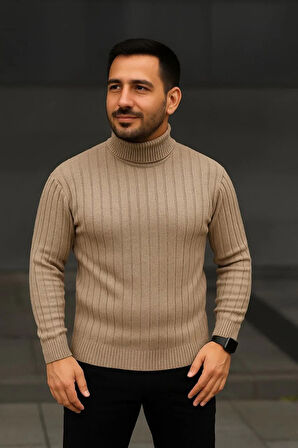 Erkek Balıkcı Yaka Bağazlı Triko Kazak Pamuklu Kalın Fitilli Dokuma, Regular Fit Uzun Kollu Kışlık Model - Bej