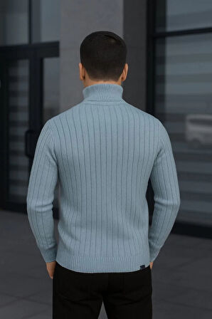 Erkek Balıkcı Yaka Bağazlı Triko Kazak Pamuklu Kalın Fitilli Dokuma, Regular Fit Uzun Kollu Kışlık Model - Bebe Mavisi