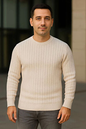 Erkek Bisiklet Yuvarlak Yaka Triko Kazak Pamuklu Kalın Fitilli Dokuma, Regular Fit Uzun Kollu Kışlık Model - Bej