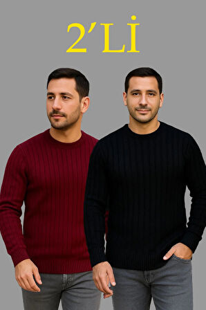 Erkek Fitilli Triko Kazak 2’li Set – Siyah & Bordo, Kalın Dokuma Pamuklu Regular Fit Bisiklet Yaka Uzun Kollu Rahat Kışlık Kazak Kombini