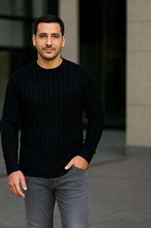 Erkek Fitilli Triko Kazak 2’li Set – Siyah & Bordo, Kalın Dokuma Pamuklu Regular Fit Bisiklet Yaka Uzun Kollu Rahat Kışlık Kazak Kombini