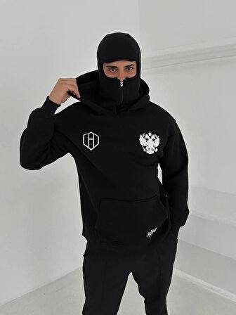 Samuray Ninja Çift Kapşonlu ZIP Fermuarlı Kanguru Çepli Tam Fermuarlı Hoodie ön ve Arka Baskılı Maske Detaylı Swetshirt - Siyah
