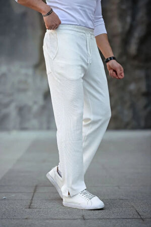 Erkek Paça Yırtmaçlı Burgu selanik dokulu Jogger Buggy Pantalon Rahat kalıp - Beyaz