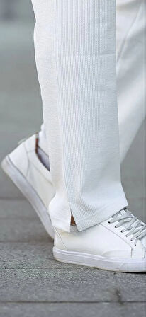 Erkek Paça Yırtmaçlı Burgu selanik dokulu Jogger Buggy Pantalon Rahat kalıp - Beyaz