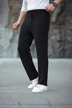 Erkek Paça Yırtmaçlı Burgu selanik dokulu Jogger Buggy Pantalon Rahat kalıp - Siyah