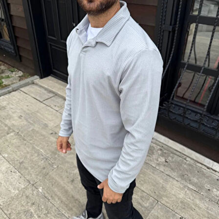 Erkek Fitilli Polar Sweatshirt – Düğmesiz Polo Yaka, Oversize Rahat Kalıp, Kalın Polar Kumaş, Kışlık ve Baharlık Şık Günlük Üst - Gri